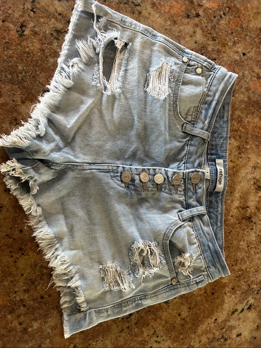refuge Light Wash Distressed Denim Button-Front Shorts